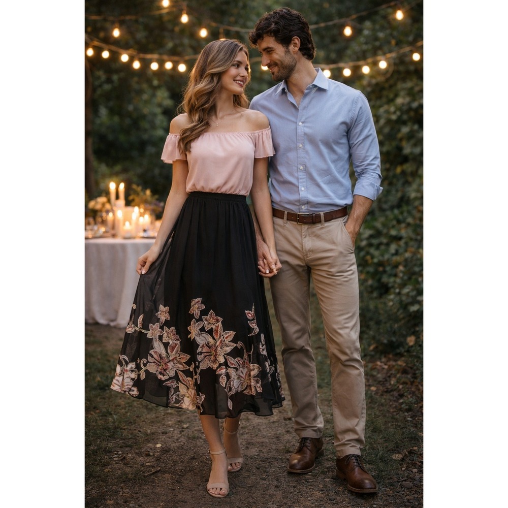 Boho Beaded Romantic Wedding Date Black Pink Floral Chiffon‎ Petite L Midi Skirt